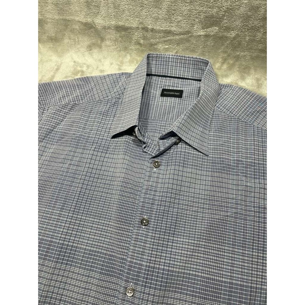 Ermenegildo Zegna Button Down Dress Shirt Men XXL Blue Gray Plaid Long Sleeve